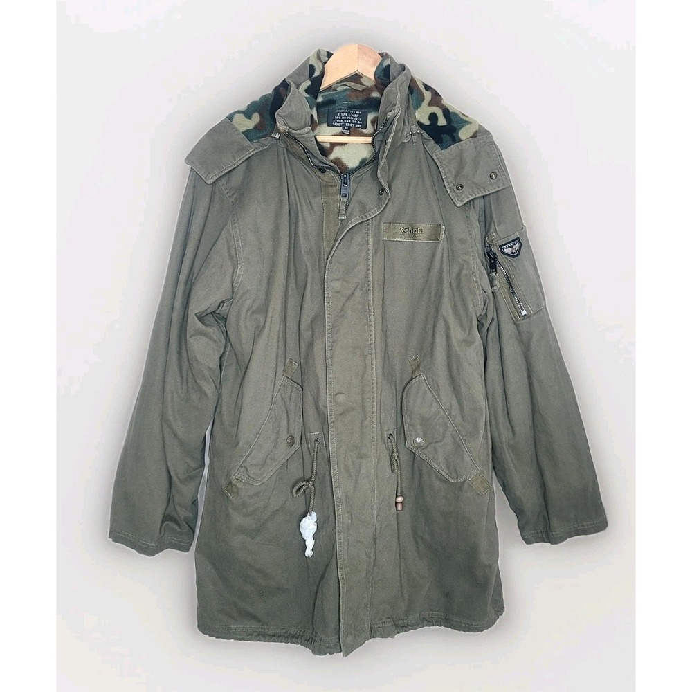 Schott NYC‎ Army Green Camo Fleece Hooded Field Jacket Coat Size M